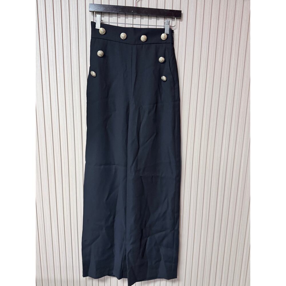 River Island High Waist Wide Leg Pants Black Gold Button Detail US 4